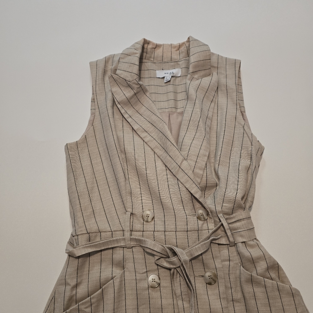 Reiss Andie Neutral Striped Linen Casual Dress Sleeveless V-neck Size 6 - Picture 6 of 14